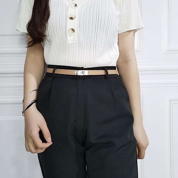 Elegant Slim Waist Belt for Women – 1.3cm Wide PU Leather Dress Belt with Gold Turn-Lock Buckle, Adjustable Fit for Dresses, Coats & Pants