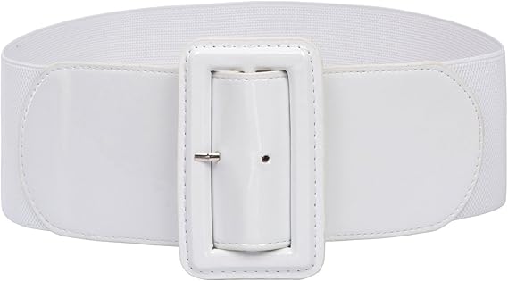 White Wide Patent Leather Stretch Belt – Retro High Waist Cinch Belt with Big Buckle for Dresses, Coats & Tops