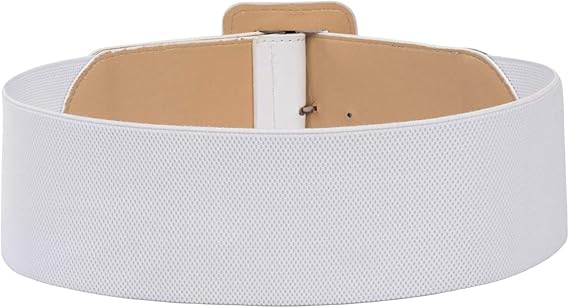 White Wide Patent Leather Stretch Belt – Retro High Waist Cinch Belt with Big Buckle for Dresses, Coats & Tops
