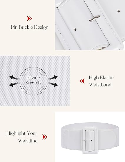 White Wide Patent Leather Stretch Belt – Retro High Waist Cinch Belt with Big Buckle for Dresses, Coats & Tops