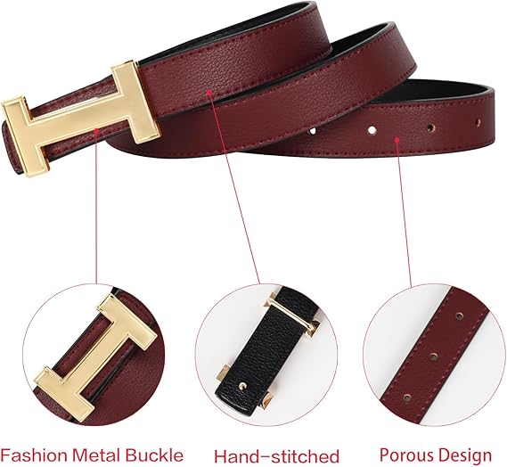 Women's Genuine Leather Belt with Gold H Buckle – Reversible Burgundy and Black Adjustable Fashion Belt