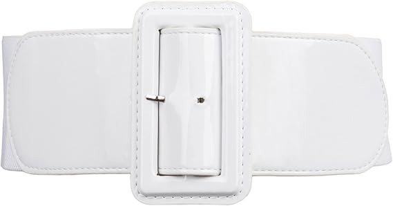 White Wide Patent Leather Stretch Belt – Retro High Waist Cinch Belt with Big Buckle for Dresses, Coats & Tops