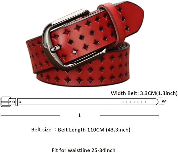 Red Leather Belt with Star Cut-Out Design – Stylish Women's Belt with Metal Buckle, 110cm Adjustable for Casual Jeans