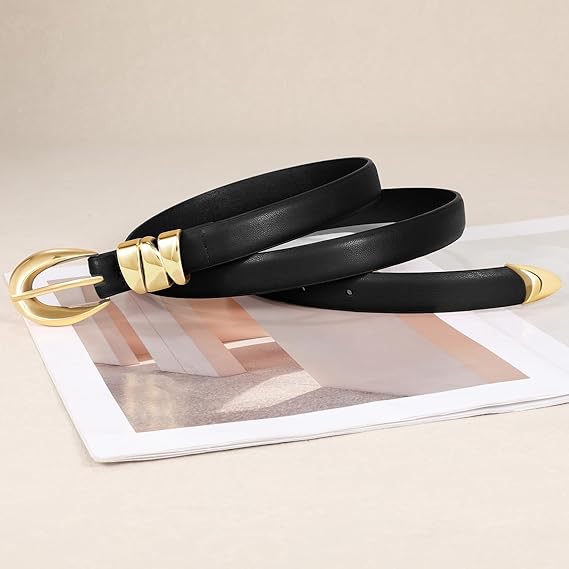 Women's Slim PU Belt with Gold Buckle – Vintage Black Waist Belt for Jeans, Dresses & Office Wear