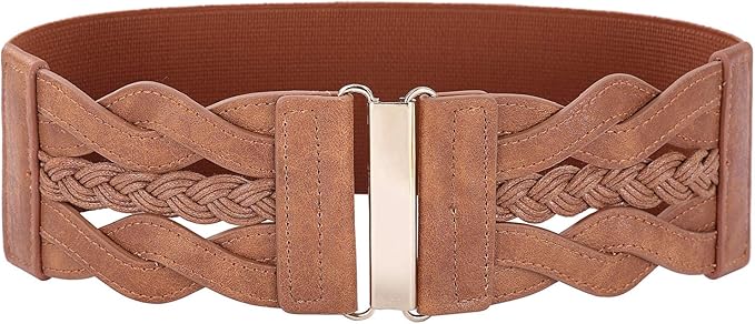 Women's Wide Elastic Woven Waist Belt – Stretch Cinch Belt with Metal Clasp, Vintage Brown Waistband for Dresses, Coats, and Sweaters