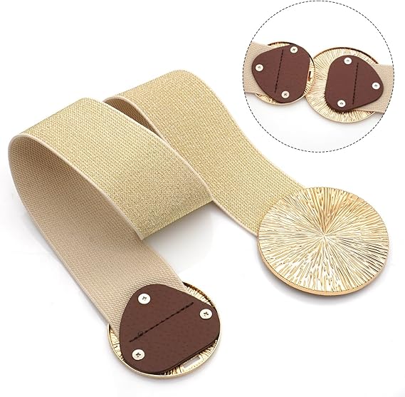 Women's Gold Elastic Wide Belt with Round Metal Buckle – Fashion Waist Cincher for Dresses, Coats & Party Looks