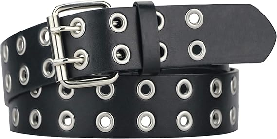 Punk Style Double Grommet Belt – Black PU Leather with Silver Metal Eyelets & Buckle, 1.5" Wide, Adjustable for Men & Women
