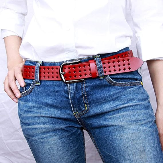 Red Leather Belt with Star Cut-Out Design – Stylish Women's Belt with Metal Buckle, 110cm Adjustable for Casual Jeans
