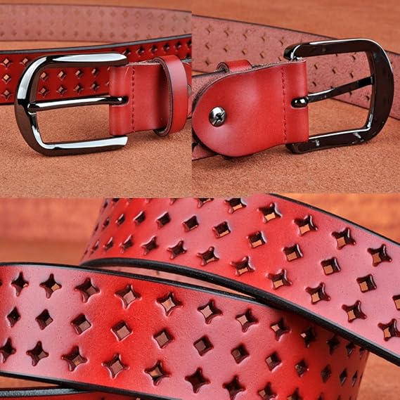 Red Leather Belt with Star Cut-Out Design – Stylish Women's Belt with Metal Buckle, 110cm Adjustable for Casual Jeans