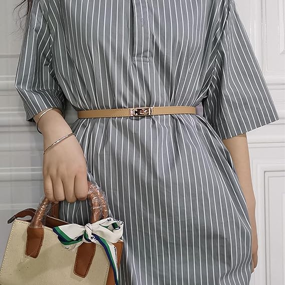 Elegant Slim Waist Belt for Women – 1.3cm Wide PU Leather Dress Belt with Gold Turn-Lock Buckle, Adjustable Fit for Dresses, Coats & Pants