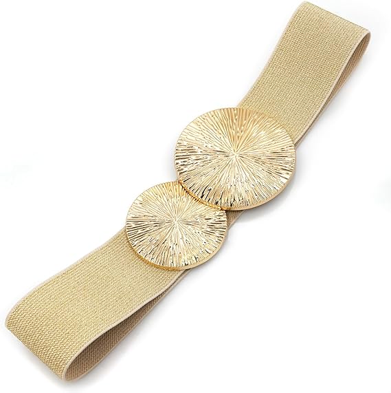 Women's Gold Elastic Wide Belt with Round Metal Buckle – Fashion Waist Cincher for Dresses, Coats & Party Looks