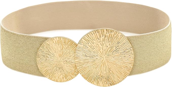 Women's Gold Elastic Wide Belt with Round Metal Buckle – Fashion Waist Cincher for Dresses, Coats & Party Looks
