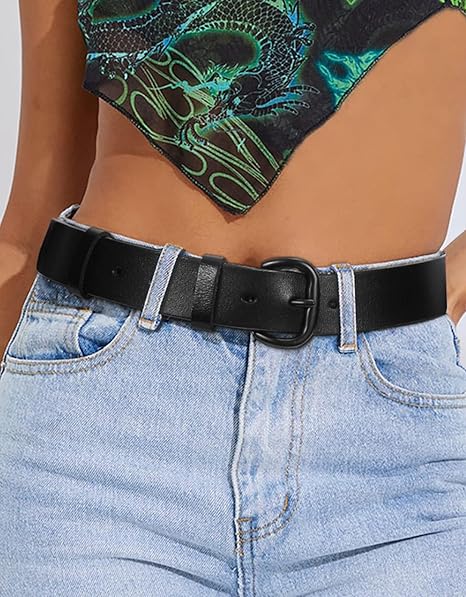 Classic Black Leather Belt with Round Buckle – Unisex Cowhide Belt for Jeans, Casual Pants, and Workwear