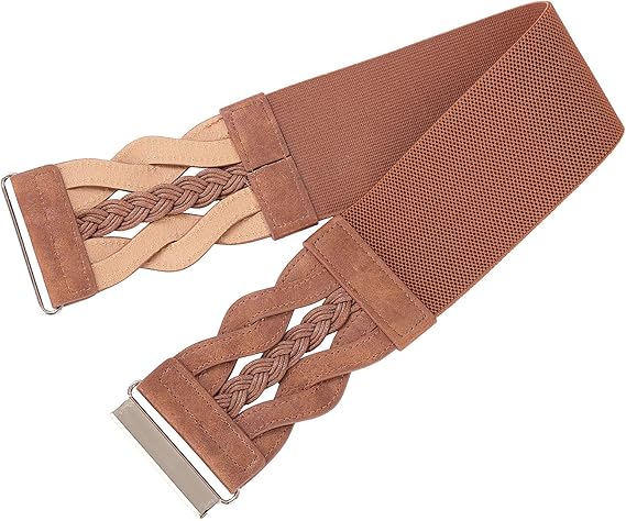 Women's Wide Elastic Woven Waist Belt – Stretch Cinch Belt with Metal Clasp, Vintage Brown Waistband for Dresses, Coats, and Sweaters