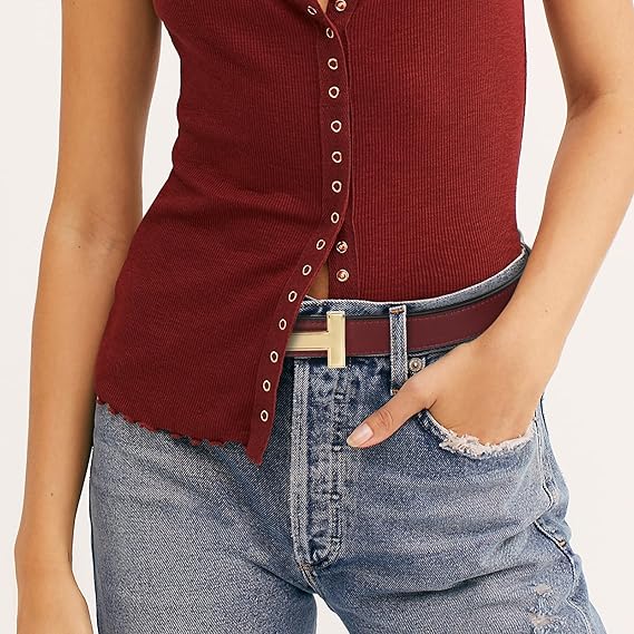 Women's Genuine Leather Belt with Gold H Buckle – Reversible Burgundy and Black Adjustable Fashion Belt
