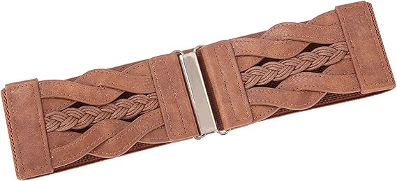 Women's Wide Elastic Woven Waist Belt – Stretch Cinch Belt with Metal Clasp, Vintage Brown Waistband for Dresses, Coats, and Sweaters