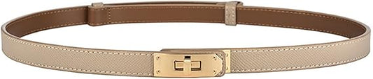 Elegant Slim Waist Belt for Women – 1.3cm Wide PU Leather Dress Belt with Gold Turn-Lock Buckle, Adjustable Fit for Dresses, Coats & Pants