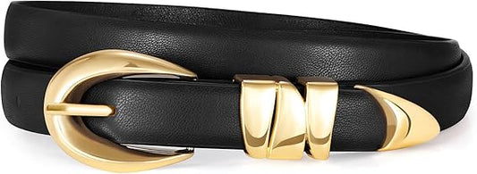 Women's Slim PU Belt with Gold Buckle – Vintage Black Waist Belt for Jeans, Dresses & Office Wear
