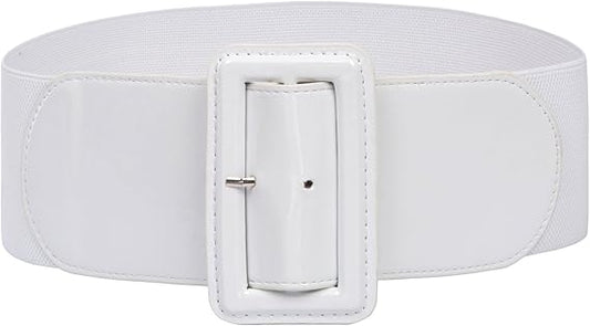White Wide Patent Leather Stretch Belt – Retro High Waist Cinch Belt with Big Buckle for Dresses, Coats & Tops