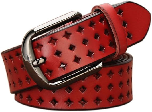 Red Leather Belt with Star Cut-Out Design – Stylish Women's Belt with Metal Buckle, 110cm Adjustable for Casual Jeans