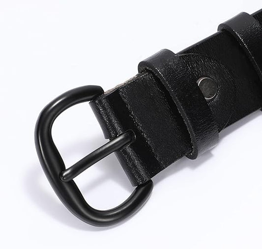 Classic Black Leather Belt with Round Buckle – Unisex Cowhide Belt for Jeans, Casual Pants, and Workwear