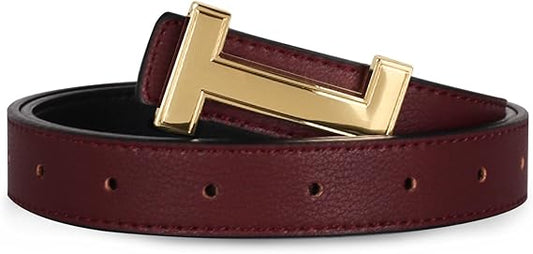 Women's Genuine Leather Belt with Gold H Buckle – Reversible Burgundy and Black Adjustable Fashion Belt