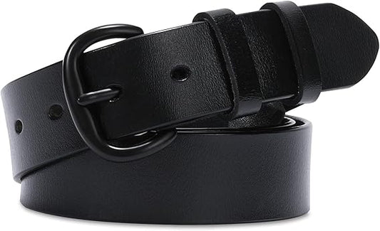 Classic Black Leather Belt with Round Buckle – Unisex Cowhide Belt for Jeans, Casual Pants, and Workwear