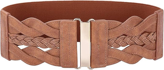 Women's Wide Elastic Woven Waist Belt – Stretch Cinch Belt with Metal Clasp, Vintage Brown Waistband for Dresses, Coats, and Sweaters