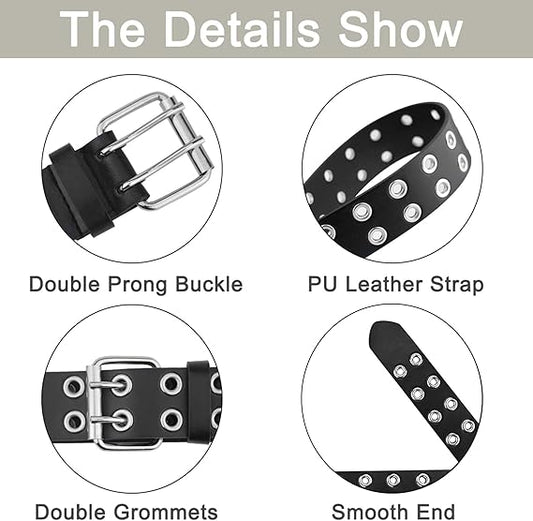 Punk Style Double Grommet Belt – Black PU Leather with Silver Metal Eyelets & Buckle, 1.5" Wide, Adjustable for Men & Women