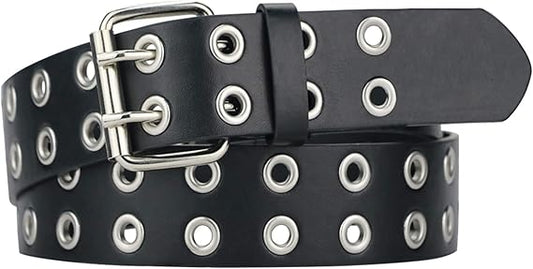 Punk Style Double Grommet Belt – Black PU Leather with Silver Metal Eyelets & Buckle, 1.5" Wide, Adjustable for Men & Women