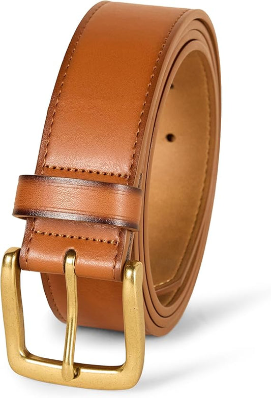 Men’s Classic Leather Belt – Genuine Top-Grain Leather with Vintage Brass Buckle, 1.26" Wide, Brown Dress & Casual Belt