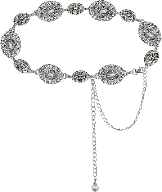 Vintage Silver Metal Chain Waist Belt – Boho Floral Medallion Design, Adjustable Size Up to 51", Retro Statement Accessory for Dresses, Coats & Formal Outfits