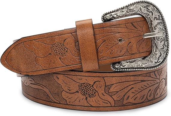 Vintage Western Floral Embossed Leather Belt – Women's Country Style Cowgirl Belt with Retro Silver Buckle, 1.5" Wide, Fits Waist 30–41"