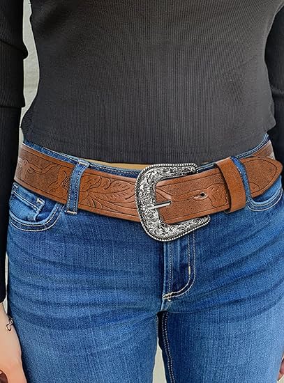 Vintage Western Floral Embossed Leather Belt – Women's Country Style Cowgirl Belt with Retro Silver Buckle, 1.5" Wide, Fits Waist 30–41"