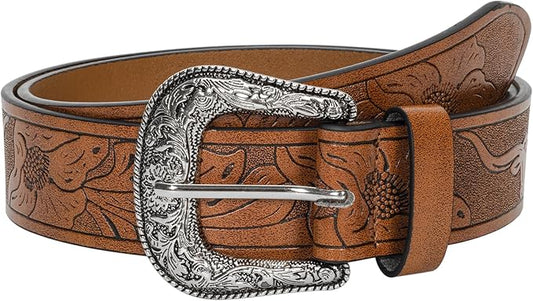 Vintage Western Floral Embossed Leather Belt – Women's Country Style Cowgirl Belt with Retro Silver Buckle, 1.5" Wide, Fits Waist 30–41"