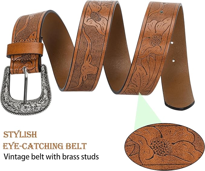 Vintage Western Floral Embossed Leather Belt – Women's Country Style Cowgirl Belt with Retro Silver Buckle, 1.5" Wide, Fits Waist 30–41"