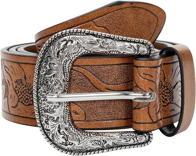 Vintage Western Floral Embossed Leather Belt – Women's Country Style Cowgirl Belt with Retro Silver Buckle, 1.5" Wide, Fits Waist 30–41"